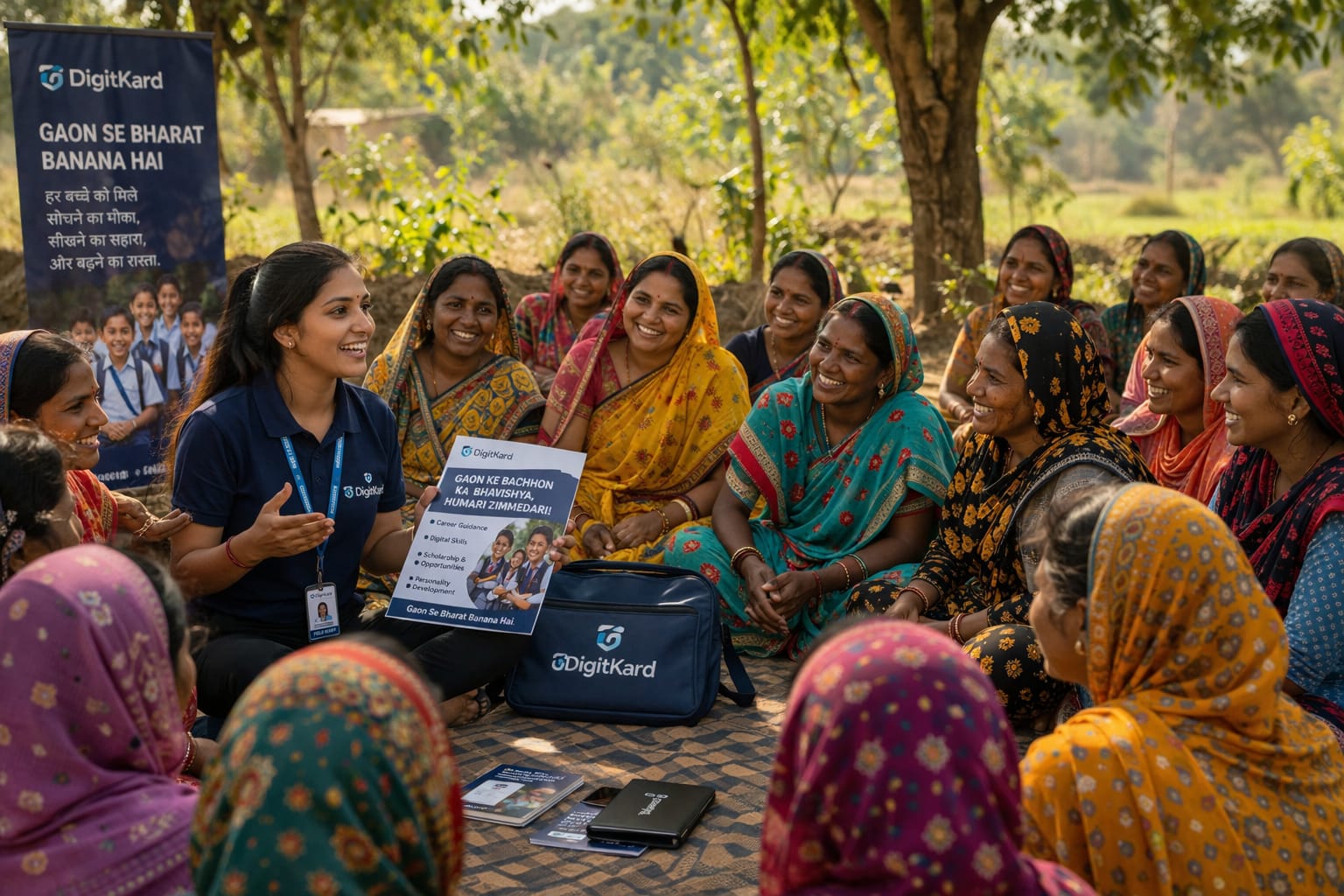 A group of village women seated under a tree in conversation with a DigitKard field worker.