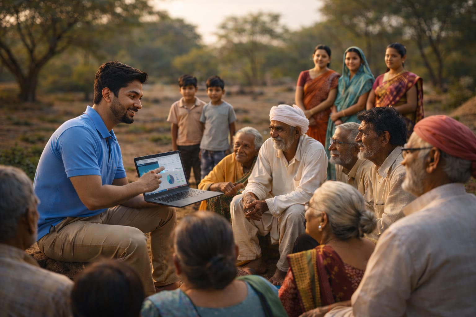 A field worker sitting on the ground with a laptop, surrounded by village elders and women listening.