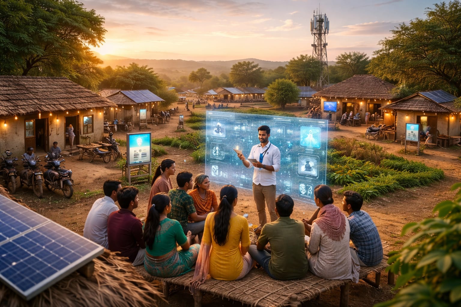 A village at dusk — thatched houses with solar panels, a telecom tower on the ridge, and people sitting together around a screen.