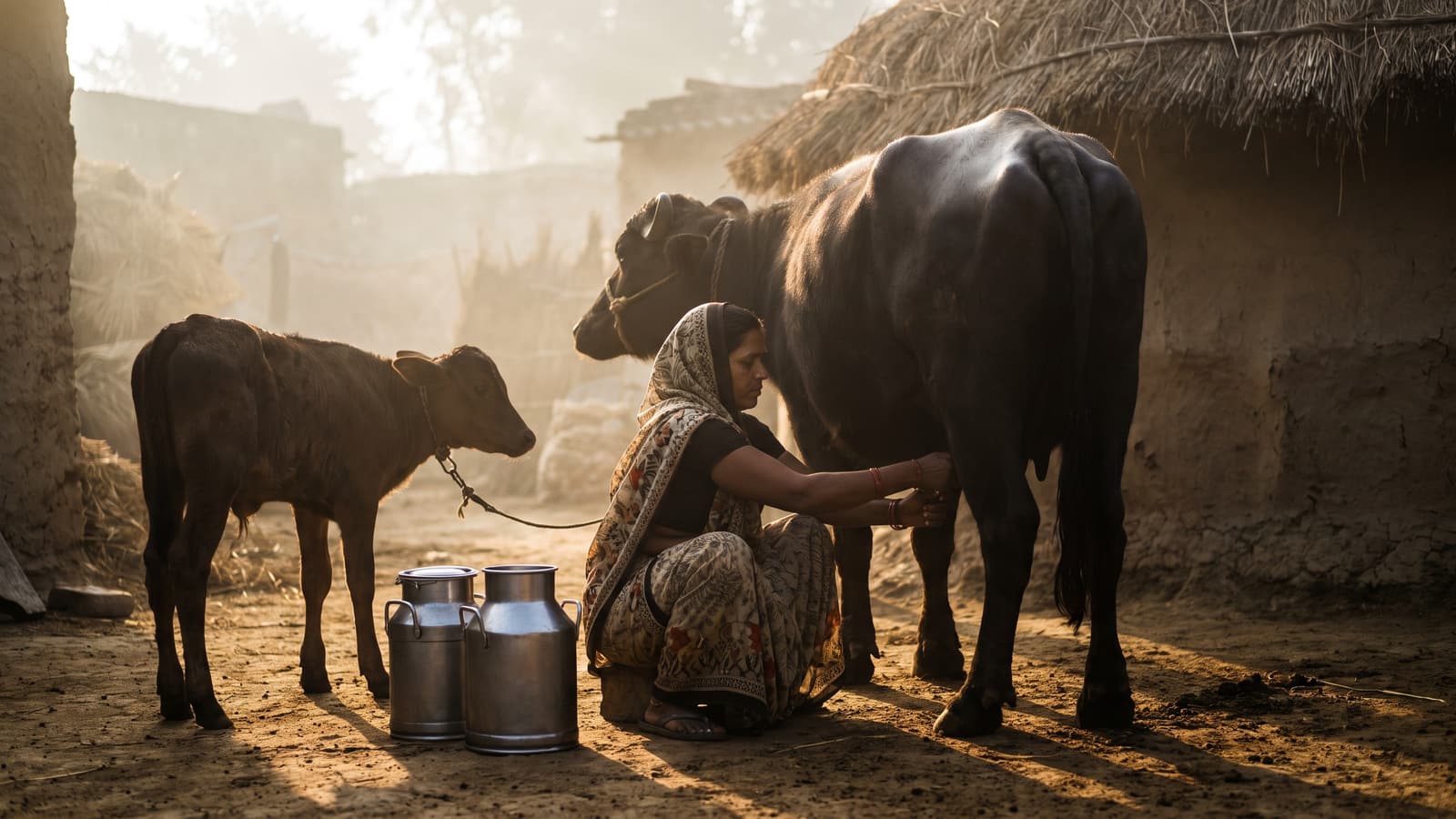 A woman milking a buffalo at dawn beside a thatched shed, two steel milk cans on the ground and a calf tethered nearby.