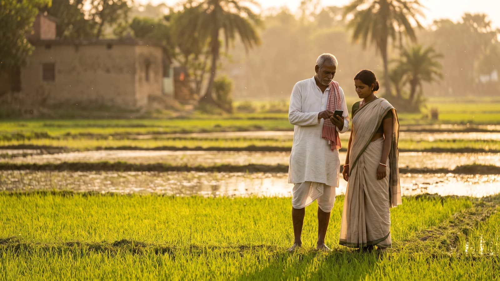 An older farmer and a young woman standing at the edge of a flooded paddy field at golden hour, looking together at a basic smartphone.