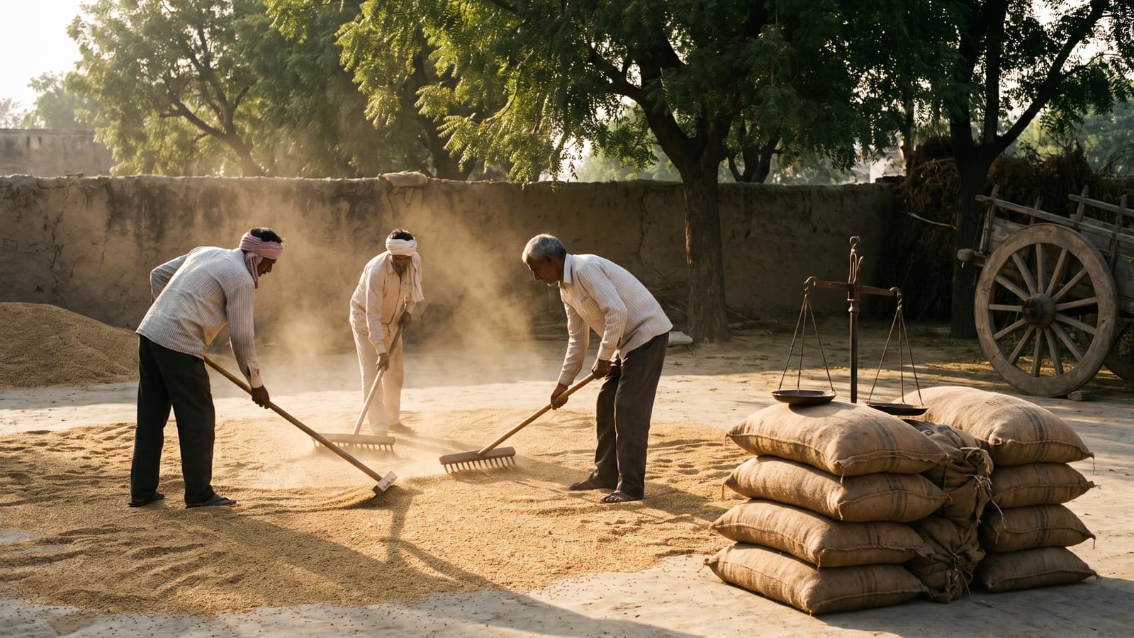 Three farmers raking golden grain across a village threshing floor in dusty afternoon light, filled jute sacks and a hand balance beside them.